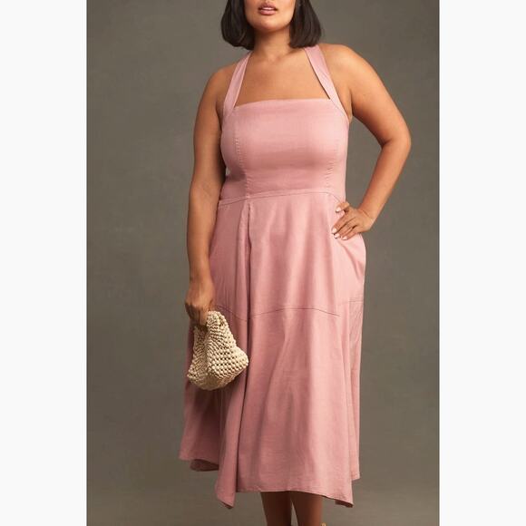 Anthropologie Dresses & Skirts - By Anthropologie Stretch Linen Halter Midi Dress | Sz 1X, Mauve Pink NWT